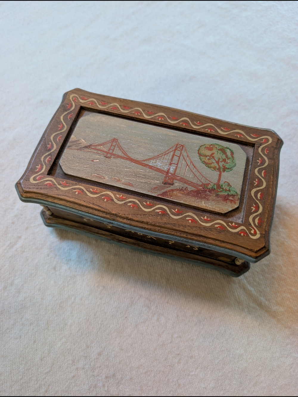 Reuge Hand-Painted Wooden Musical Keepsake Box with SF Bay Bridge